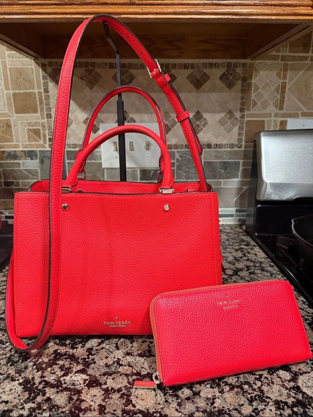 kate spade Red Pebbled Leather Satchel with Matching Wallet